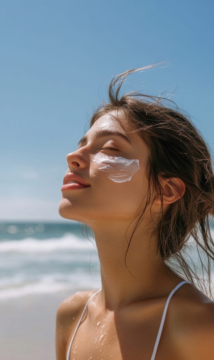 Young woman applying sunscreen on her face at the beach